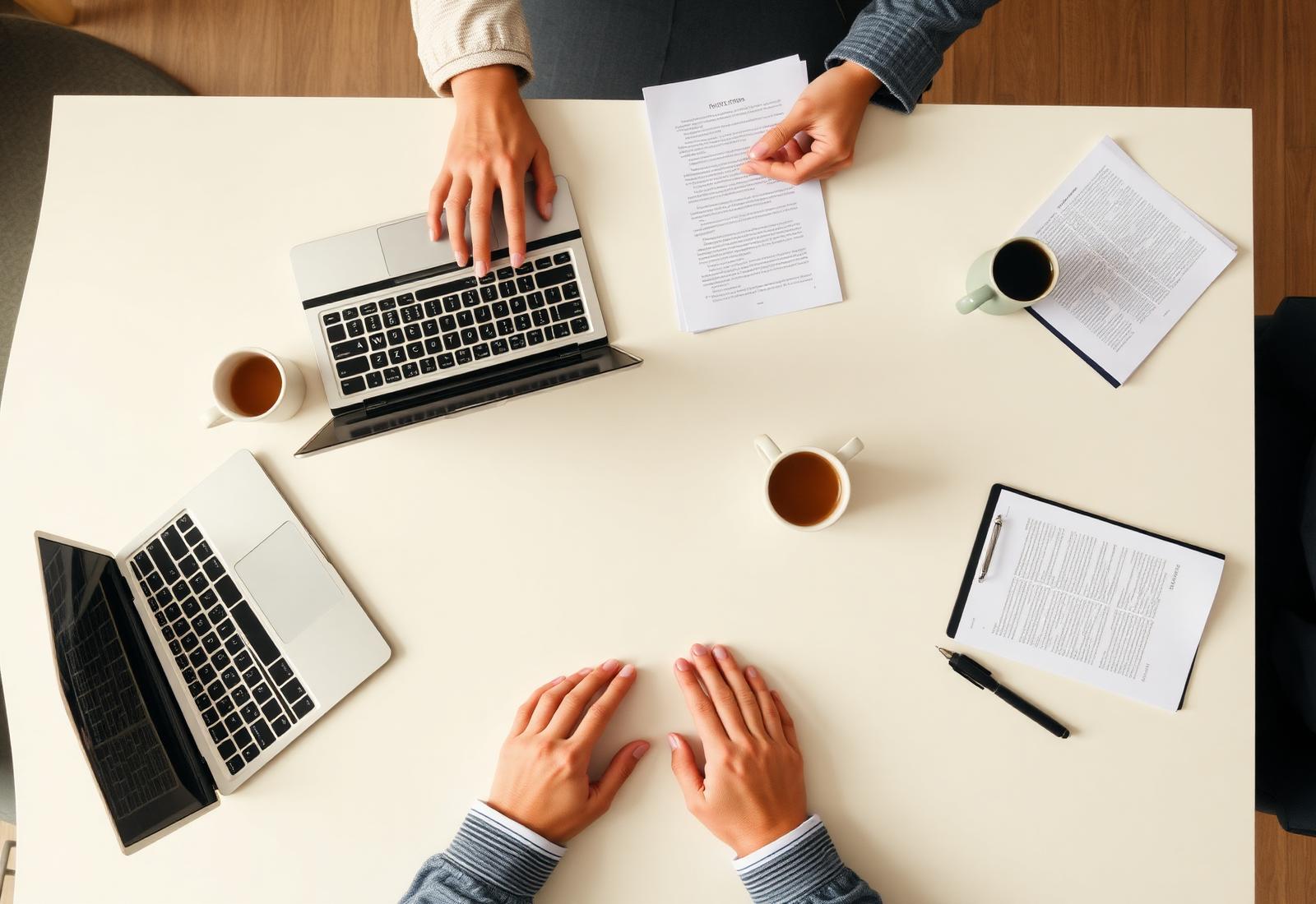 Professionals reviewing settlement documents together at a bright meeting table